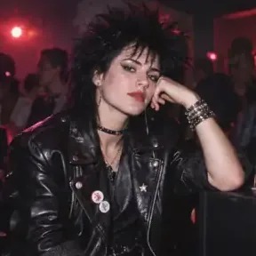 AI-generated portrait of a woman with spiked black hair in a leather jacket with pin badges in a dim red-lit club