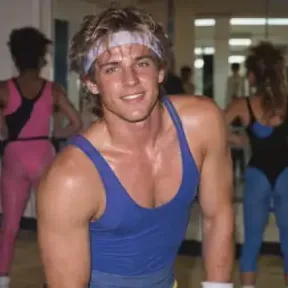 AI-generated portrait of a man in a blue tank top and white headband in a bright fitness studio