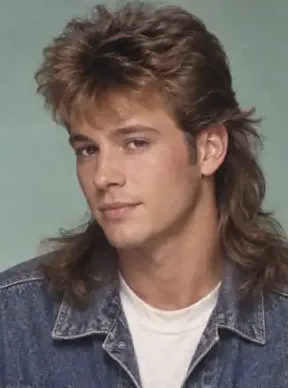 AI-generated portrait of a man with a feathered mullet and a denim jacket