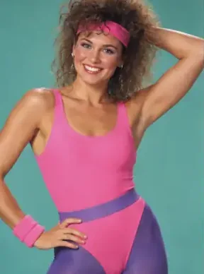 AI-generated portrait of a woman in a pink leotard with purple tights and a pink headband